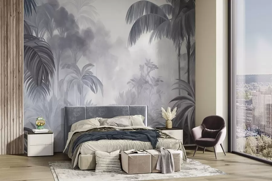 wall murals Текстурирани пејзаж џунгле са палмама и бујним лишћем, у меком, сликарском стилу w10016v1