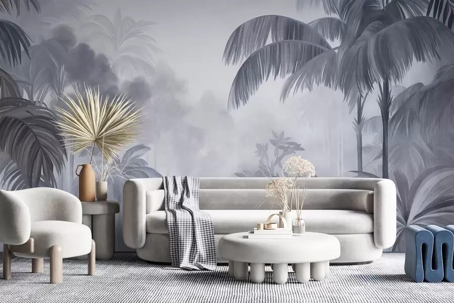 wall murals Текстурирани пејзаж џунгле са палмама и бујним лишћем, у меком, сликарском стилу w10016v1