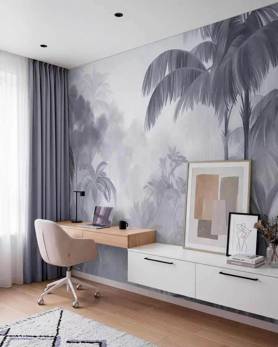 wall murals Текстурирани пејзаж џунгле са палмама и бујним лишћем, у меком, сликарском стилу w10016v1