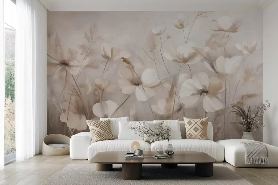 wall murals Поље светлих цветова и високих трава у пригушеним тоновима, текстурирана уметност w10019