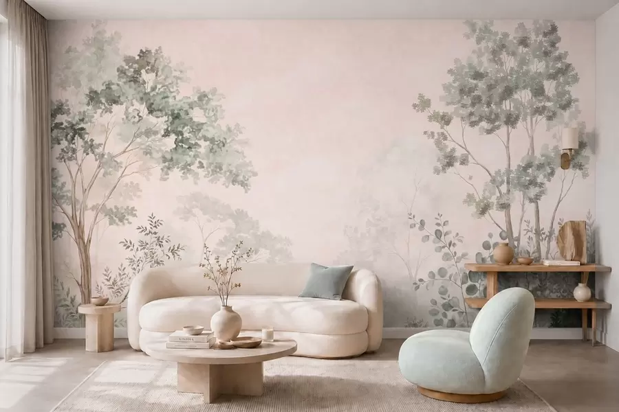 wall murals Шумско дрвеће и жбуње у магловитим пастелним тоновима w05856