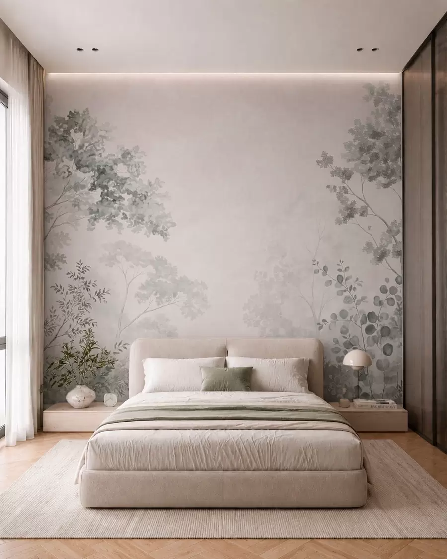 wall murals Шумско дрвеће и зеленило на светлој магловитој позадини w05856v1