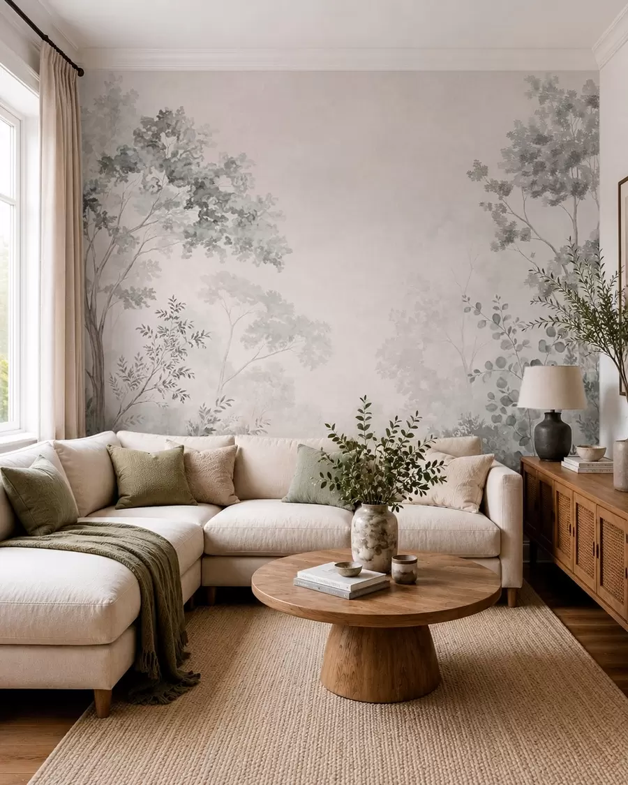 wall murals Шумско дрвеће и зеленило на светлој магловитој позадини w05856v1