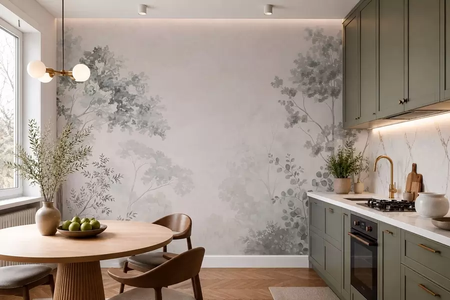 wall murals Шумско дрвеће и зеленило на светлој магловитој позадини w05856v1