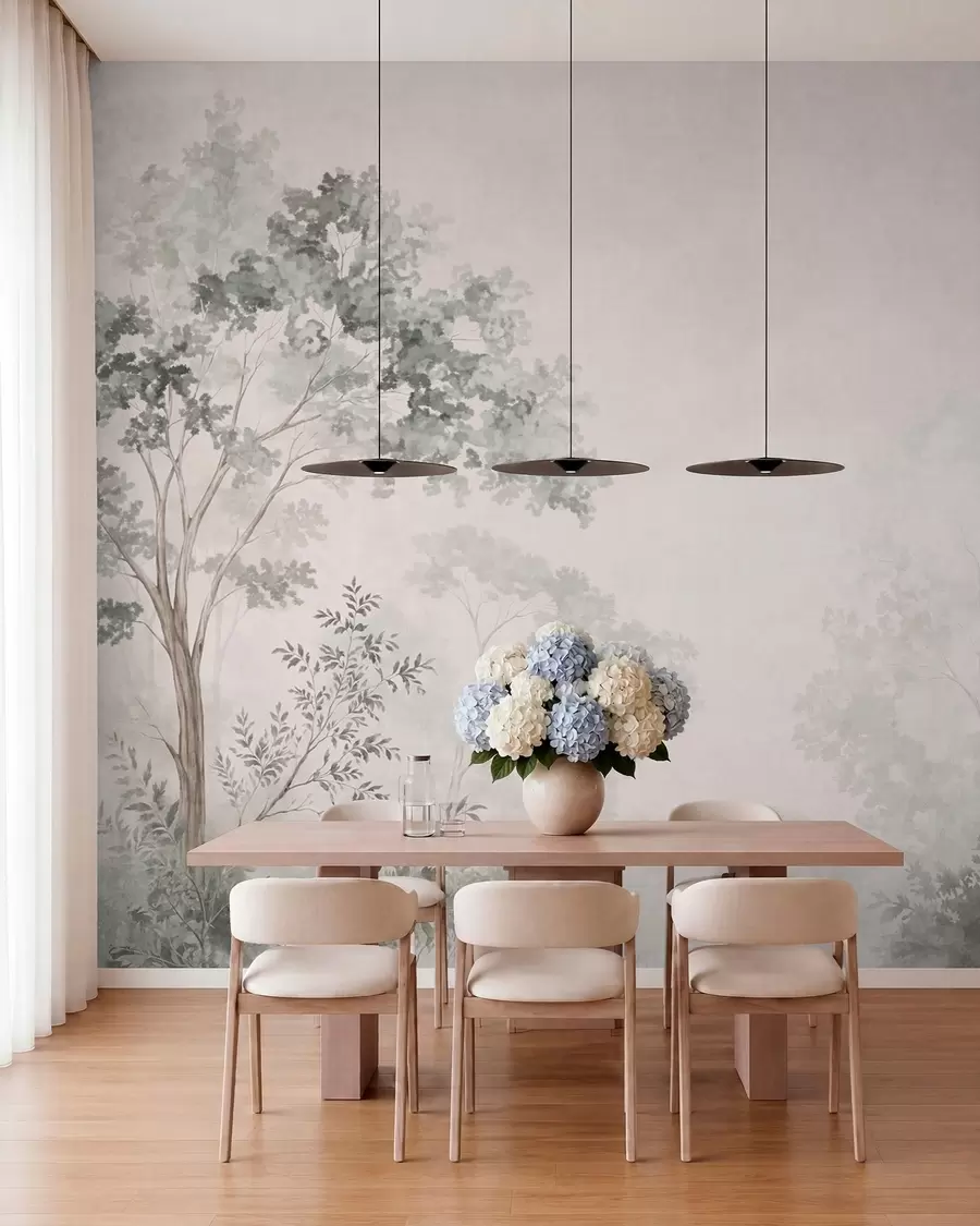 wall murals Шумско дрвеће и зеленило на светлој магловитој позадини w05856v1