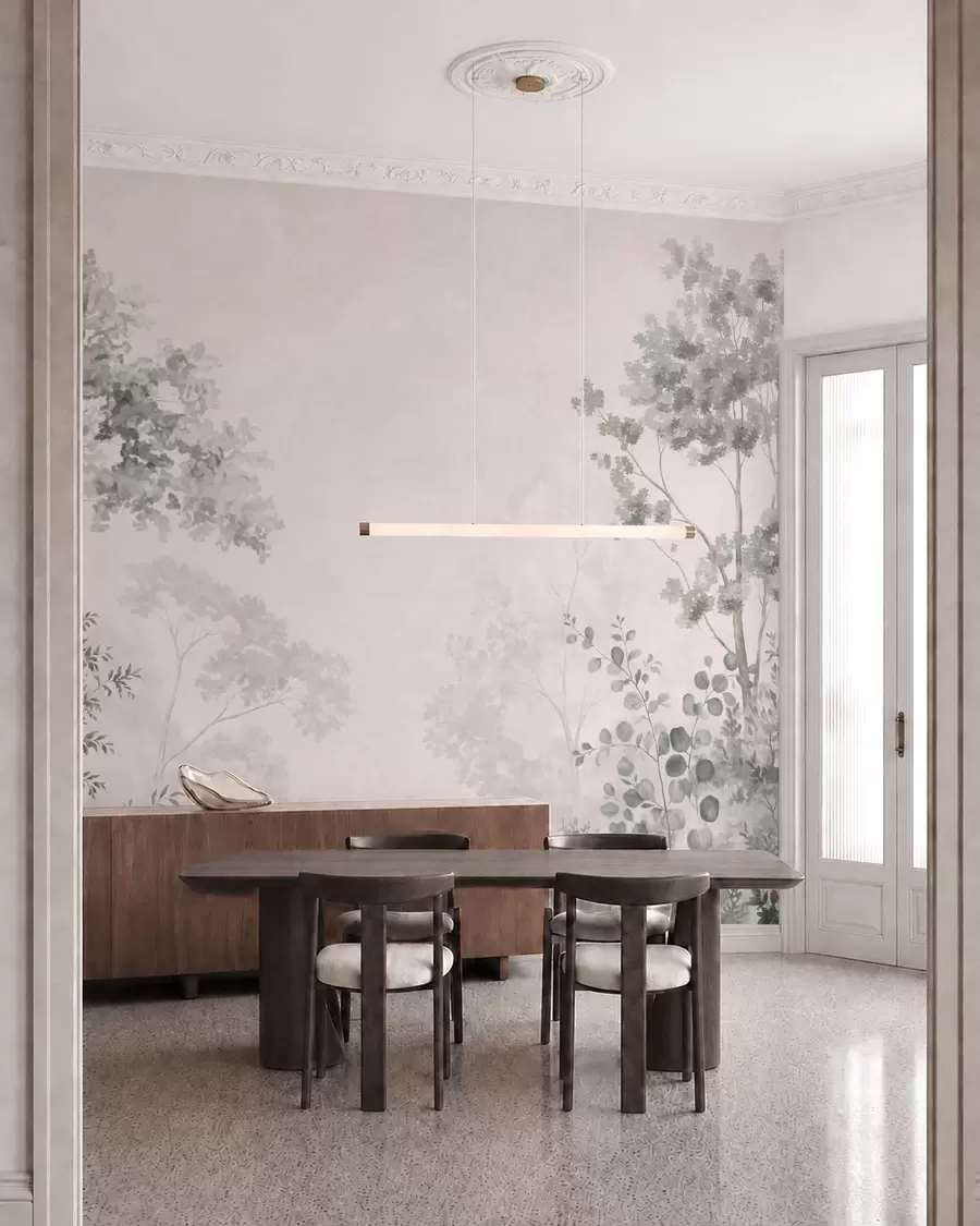 wall murals Шумско дрвеће и зеленило на светлој магловитој позадини w05856v1
