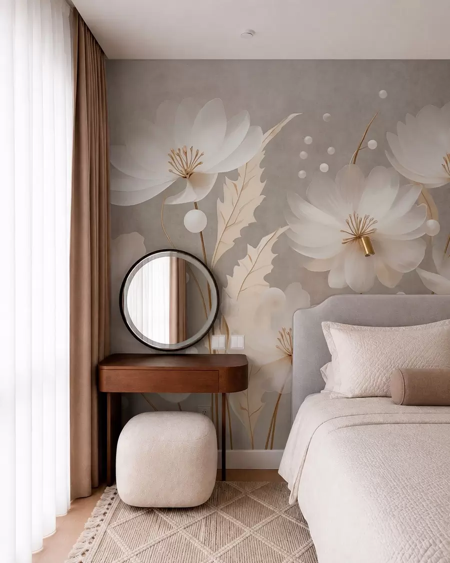 wall murals Велики бели цветови са украсним листовима на сивој позадини w05857