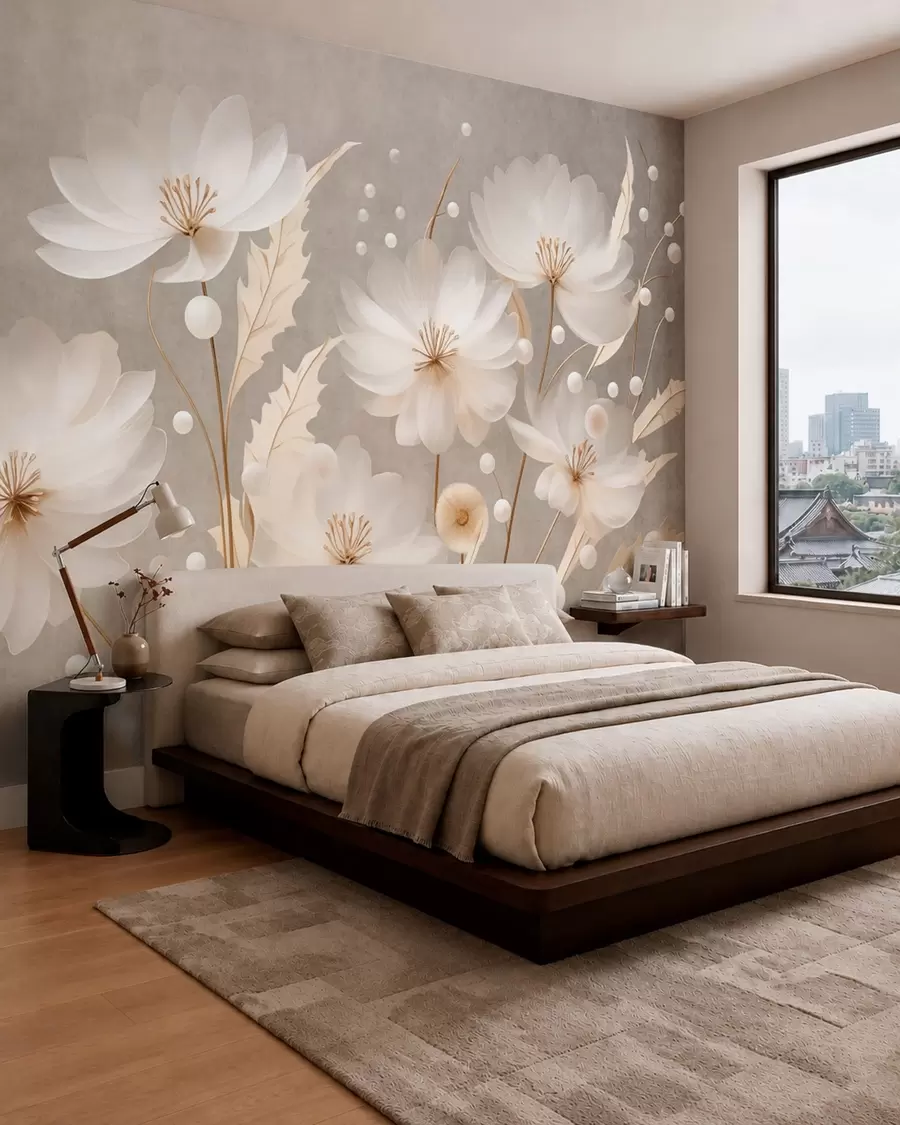 wall murals Велики бели цветови са украсним листовима на сивој позадини w05857