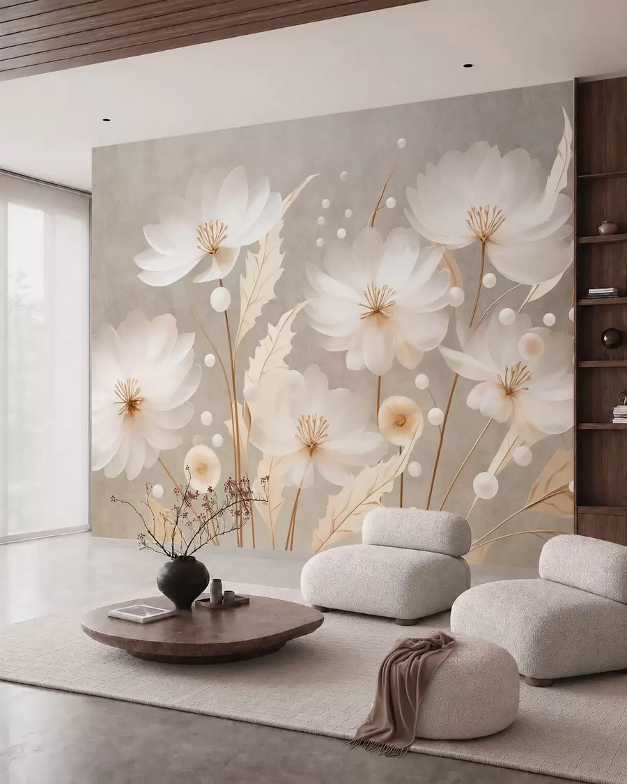 wall murals Велики бели цветови са украсним листовима на сивој позадини w05857