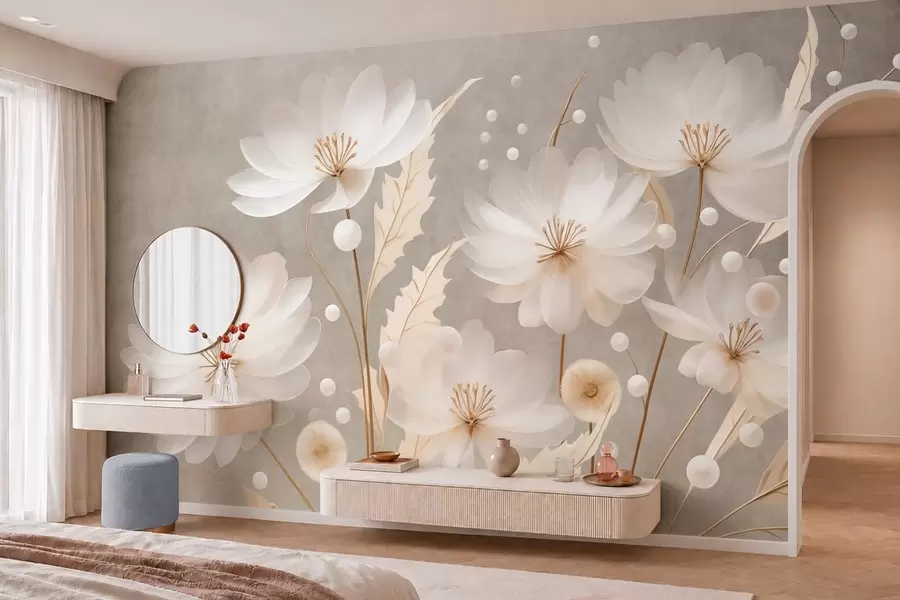 wall murals Велики бели цветови са украсним листовима на сивој позадини w05857