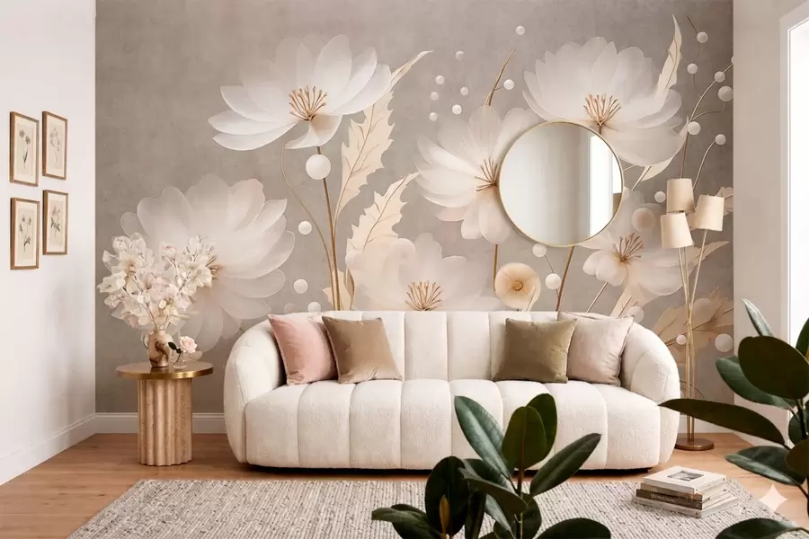 wall murals Велики бели цветови са украсним листовима на сивој позадини w05857