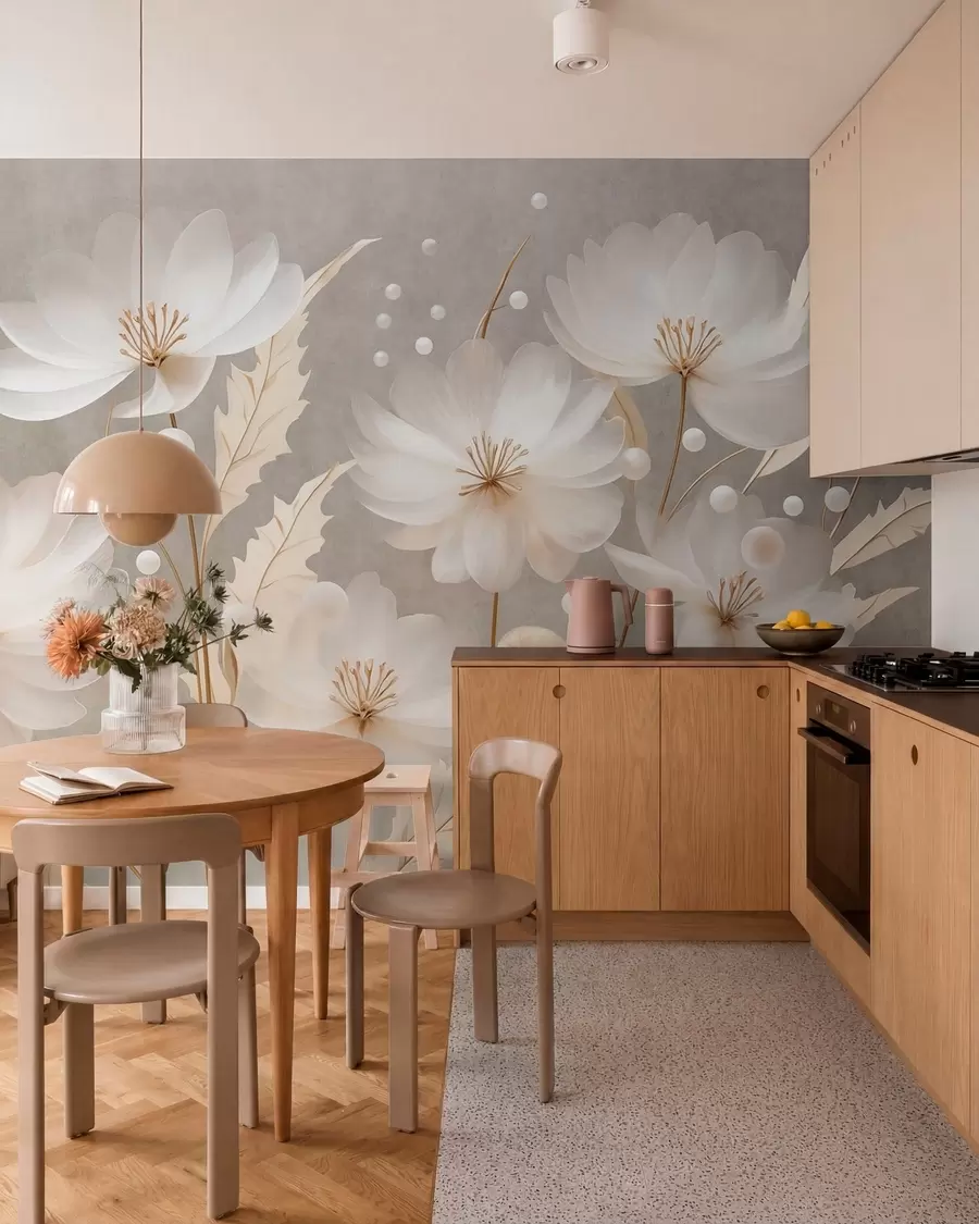 wall murals Велики бели цветови са украсним листовима на сивој позадини w05857