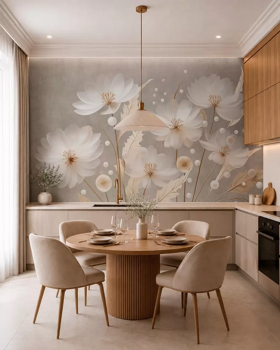 wall murals Велики бели цветови са украсним листовима на сивој позадини w05857