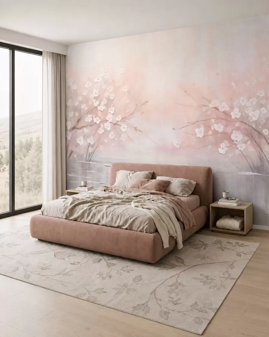 wall murals Цветајуће гране изнад мирне воде у меким ружичастим тоновима w05858