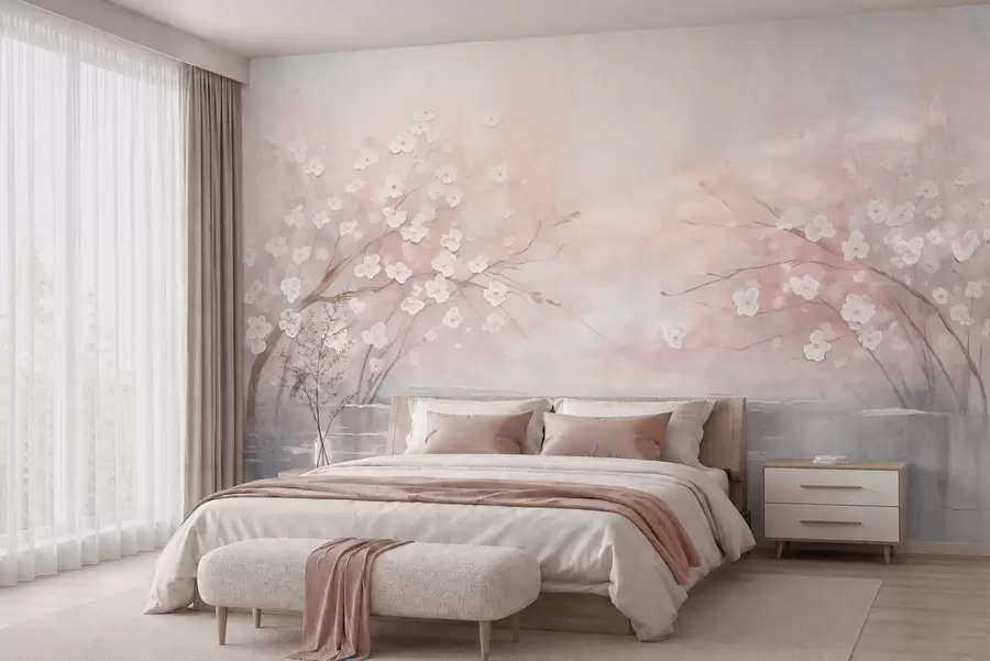 wall murals Цветајуће гране изнад мирне воде у меким ружичастим тоновима w05858