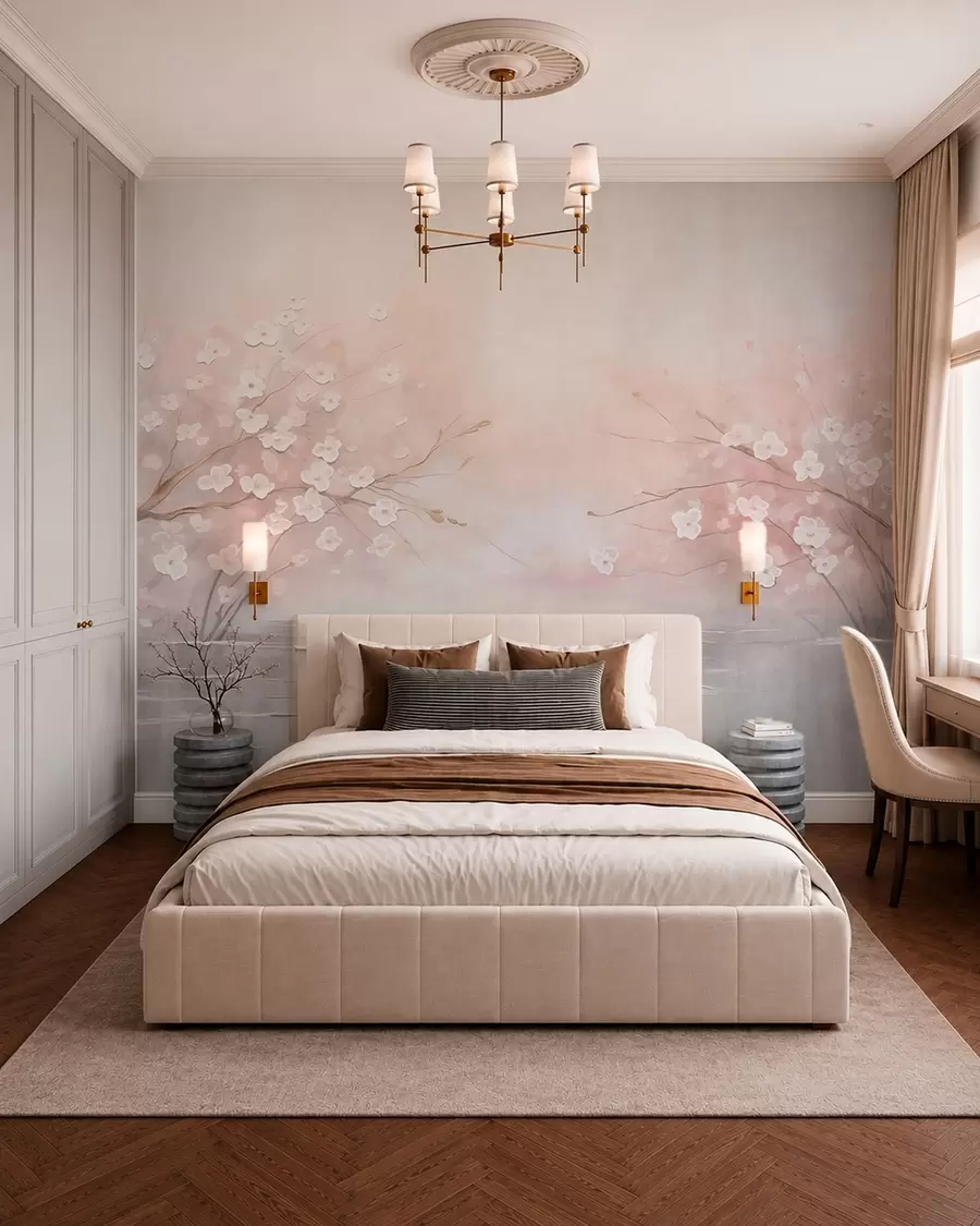 wall murals Цветајуће гране изнад мирне воде у меким ружичастим тоновима w05858