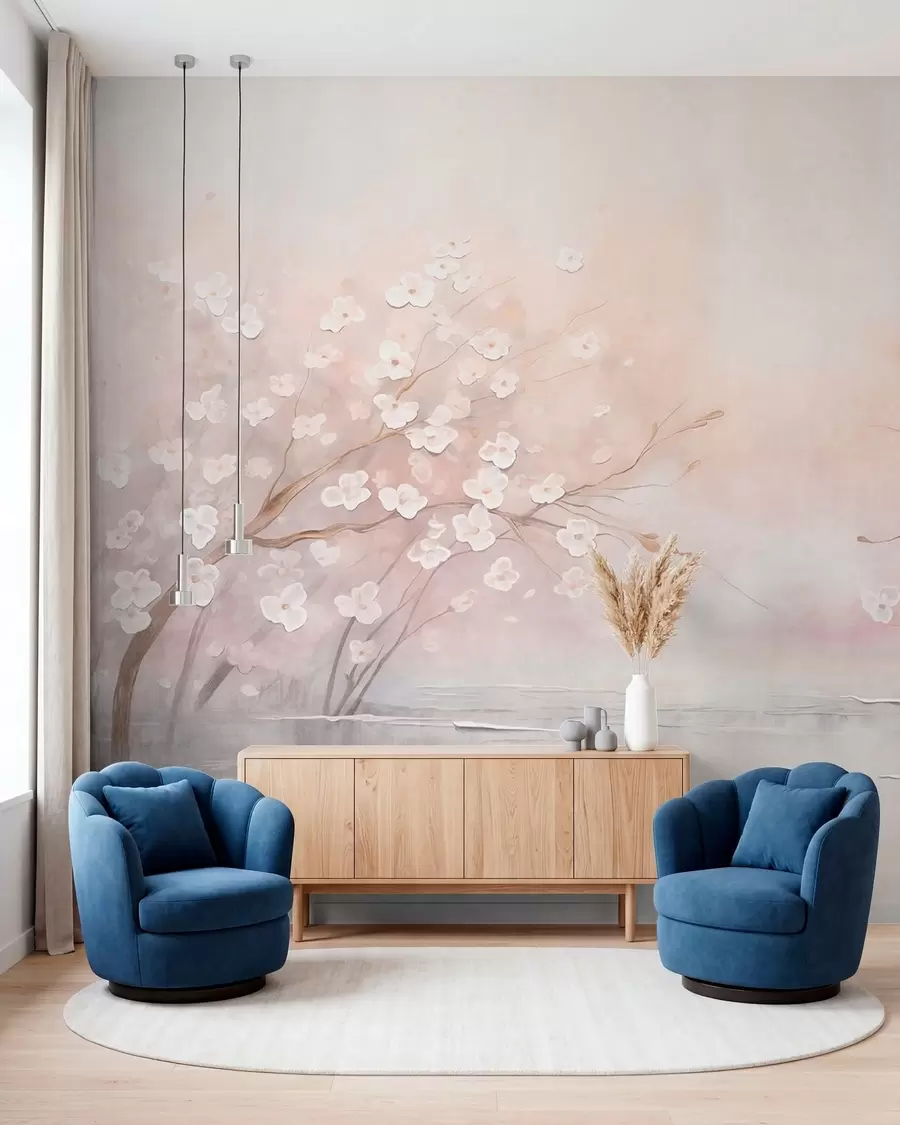 wall murals Цветајуће гране изнад мирне воде у меким ружичастим тоновима w05858