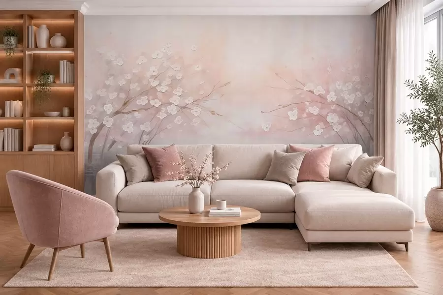 wall murals Цветајуће гране изнад мирне воде у меким ружичастим тоновима w05858