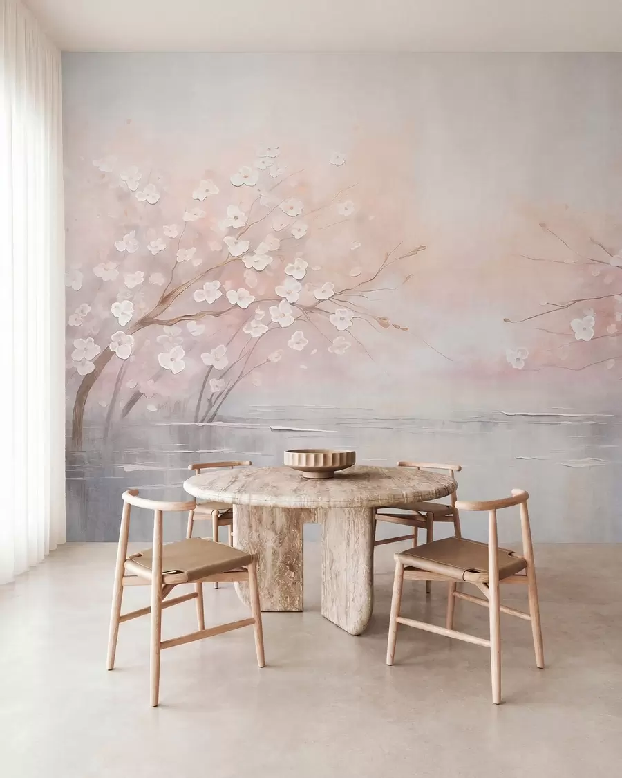 wall murals Цветајуће гране изнад мирне воде у меким ружичастим тоновима w05858