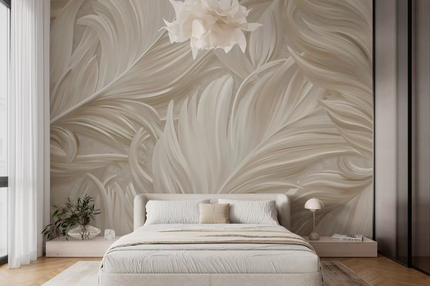 wall murals Велико, осликано, закривљено перо у топлим беж тоновима w05757
