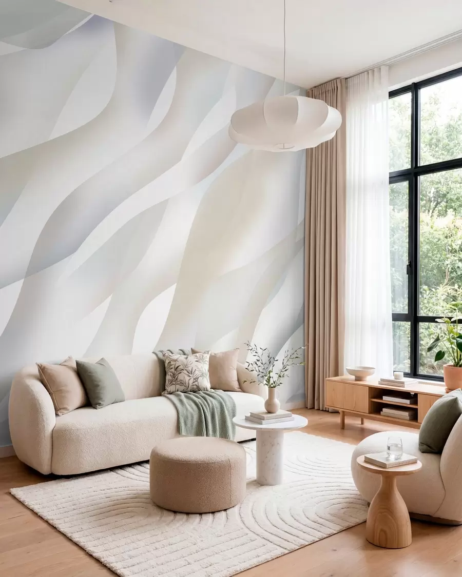 wall murals Апстрактни таласи у нијансама сиве и беж на белој позадини w05758