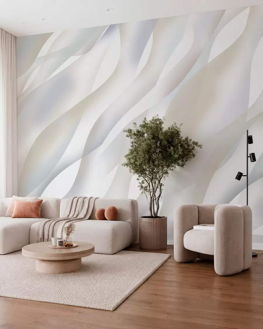 wall murals Апстрактни таласи у нијансама сиве и беж на белој позадини w05758