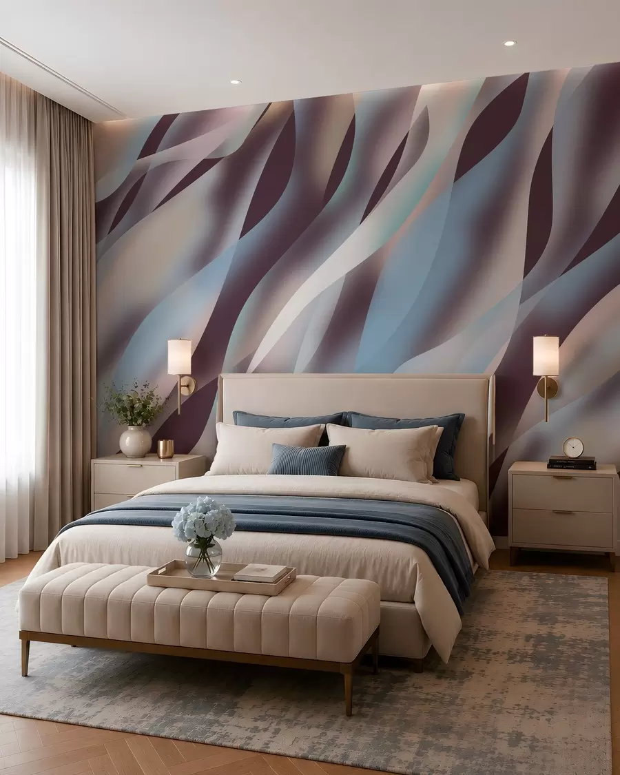 wall murals Апстрактни таласи у нијансама плаве, ружичасте и беж боје на тамној позадини боје патлиџана w05758v3