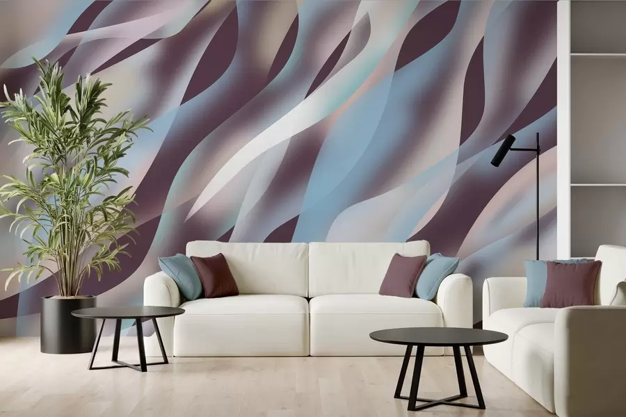 wall murals Апстрактни таласи у нијансама плаве, ружичасте и беж боје на тамној позадини боје патлиџана w05758v3