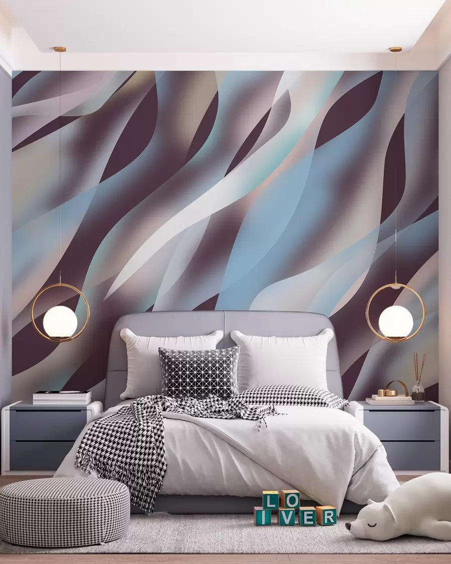 wall murals Апстрактни таласи у нијансама плаве, ружичасте и беж боје на тамној позадини боје патлиџана w05758v3
