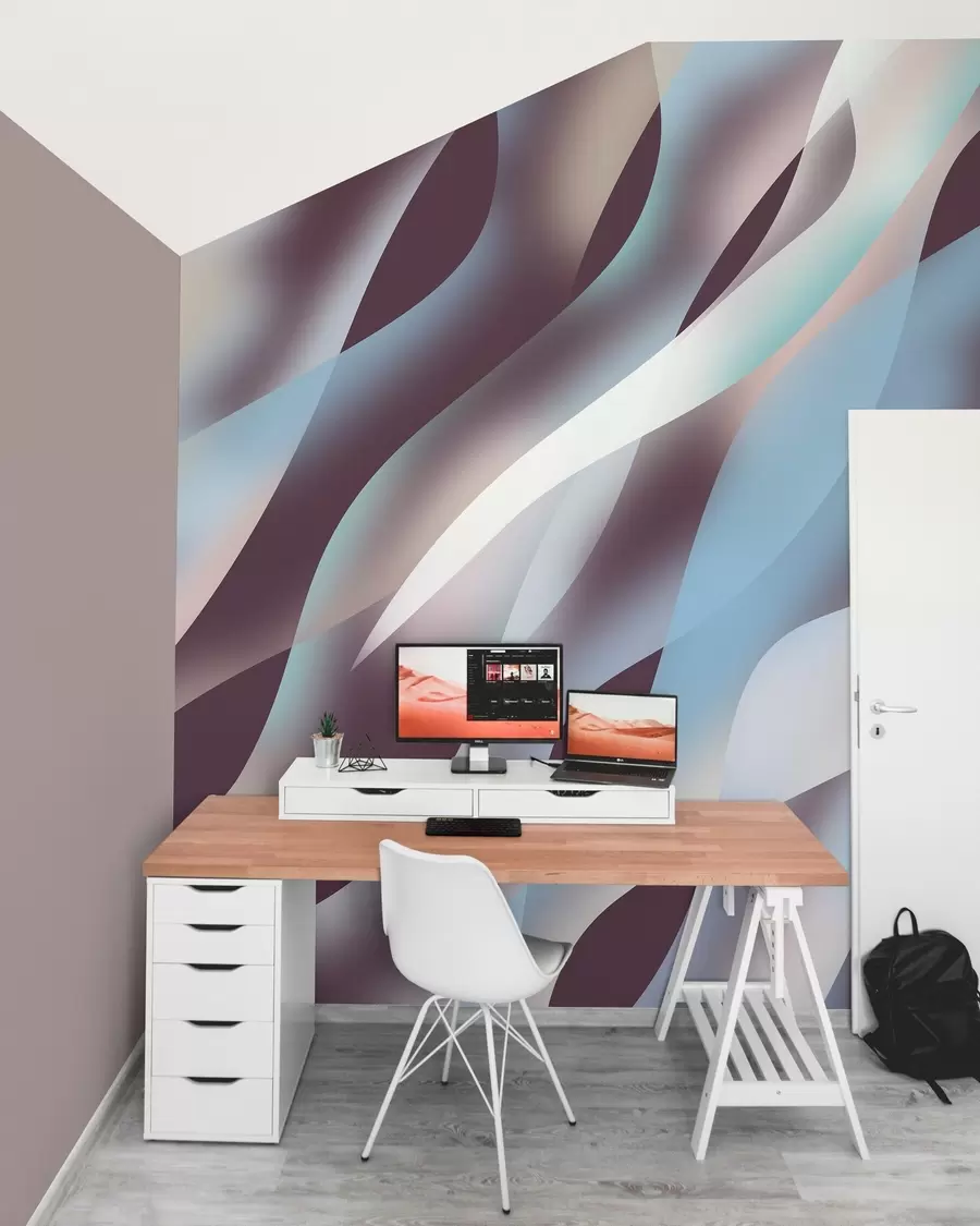 wall murals Апстрактни таласи у нијансама плаве, ружичасте и беж боје на тамној позадини боје патлиџана w05758v3