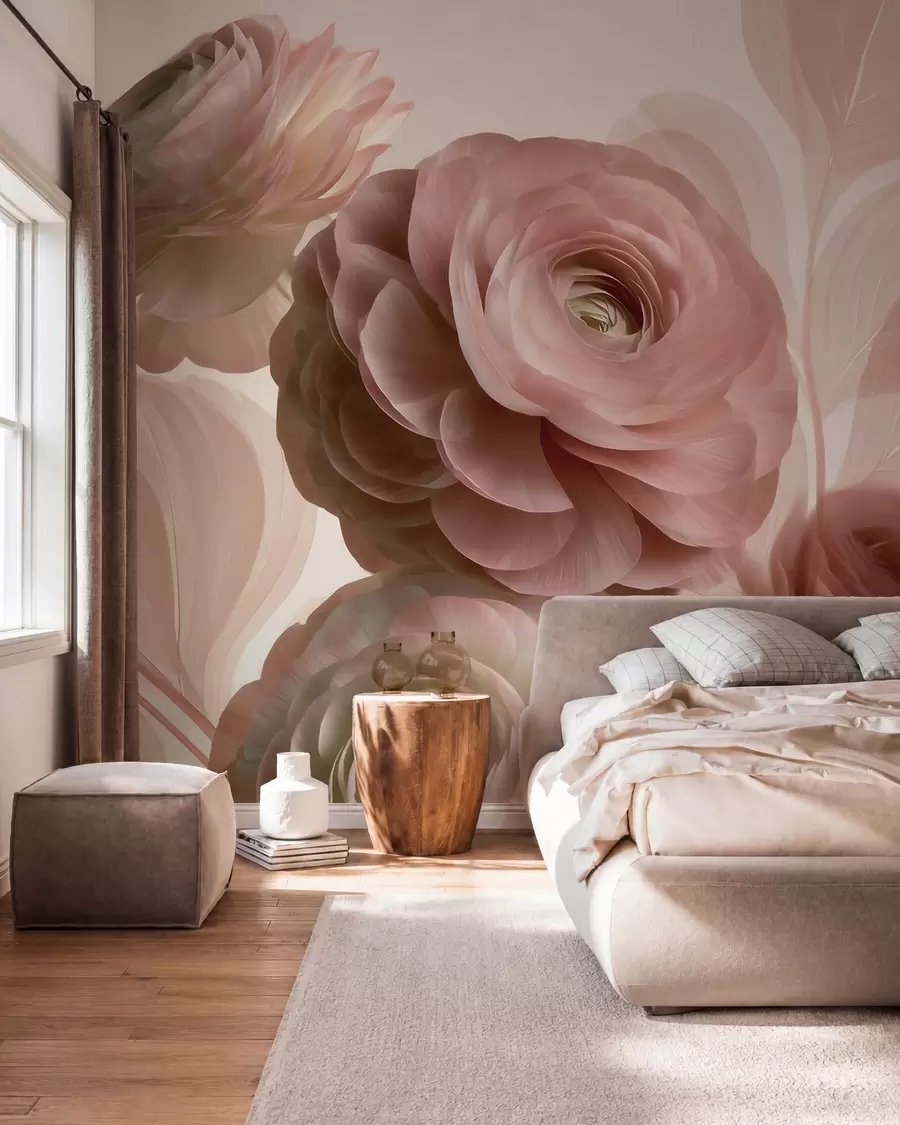 wall murals Волуминозни цветови ранункулуса прашкасто-ружичасте боје са провидним латицама у нежним ружичастим и беж тоновима w09998