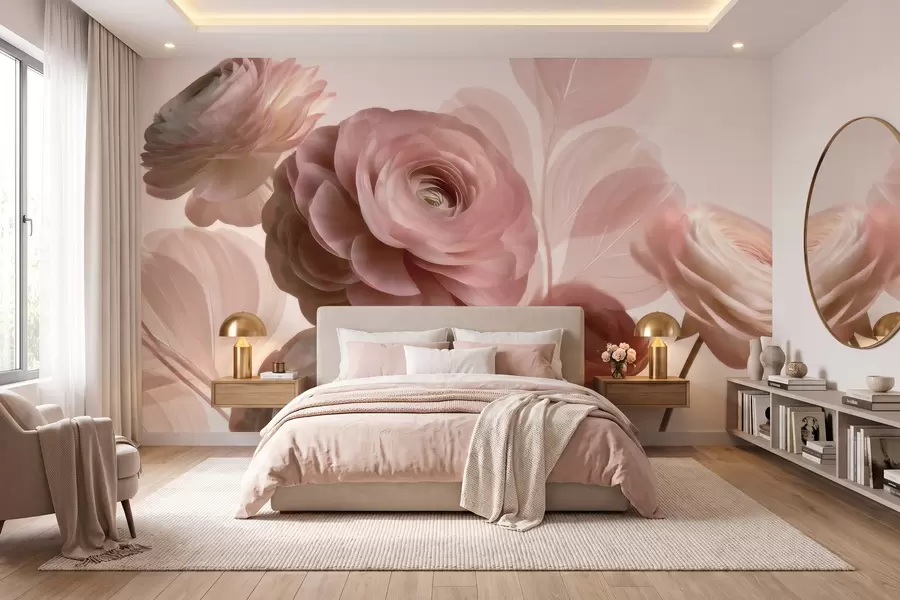 wall murals Волуминозни цветови ранункулуса прашкасто-ружичасте боје са провидним латицама у нежним ружичастим и беж тоновима w09998