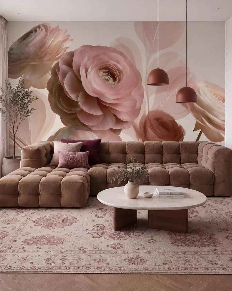 wall murals Волуминозни цветови ранункулуса прашкасто-ружичасте боје са провидним латицама у нежним ружичастим и беж тоновима w09998
