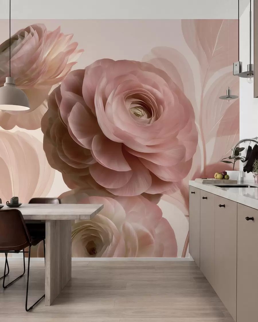 wall murals Волуминозни цветови ранункулуса прашкасто-ружичасте боје са провидним латицама у нежним ружичастим и беж тоновима w09998