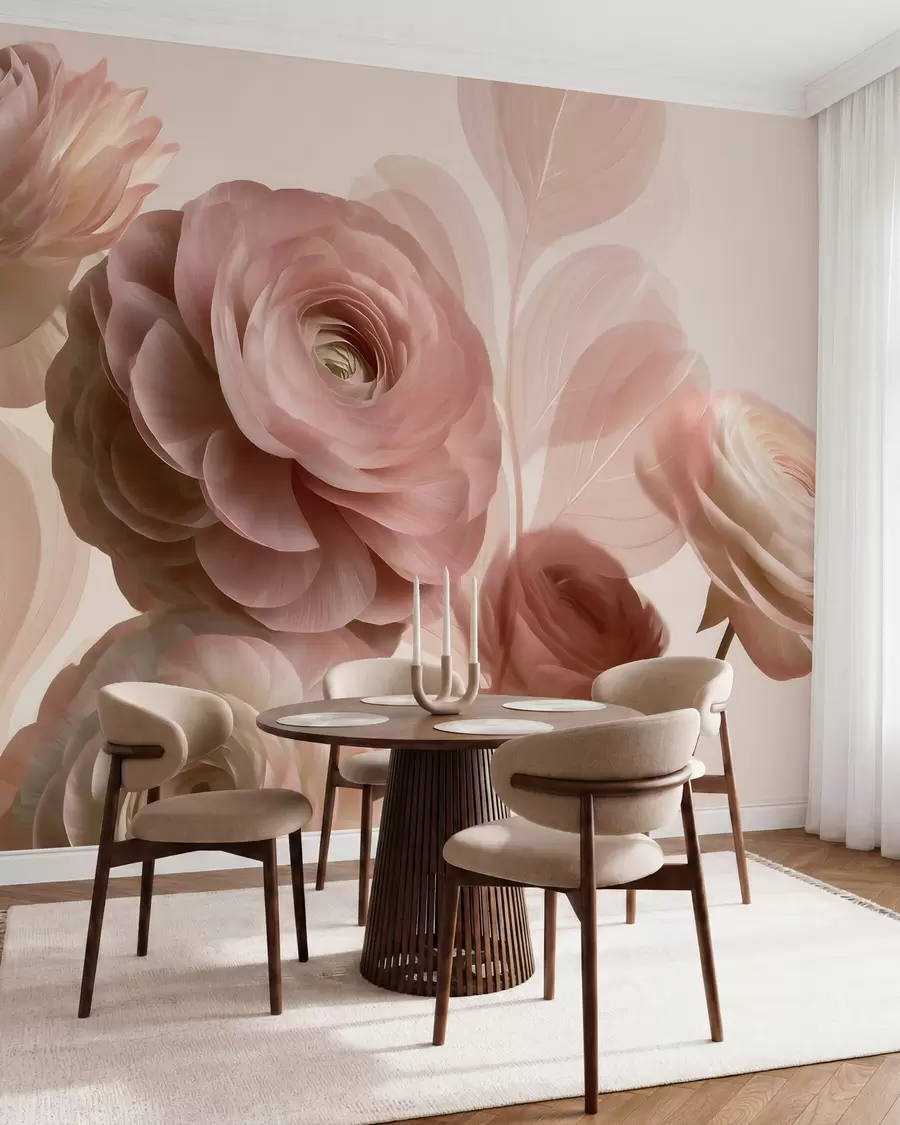 wall murals Волуминозни цветови ранункулуса прашкасто-ружичасте боје са провидним латицама у нежним ружичастим и беж тоновима w09998