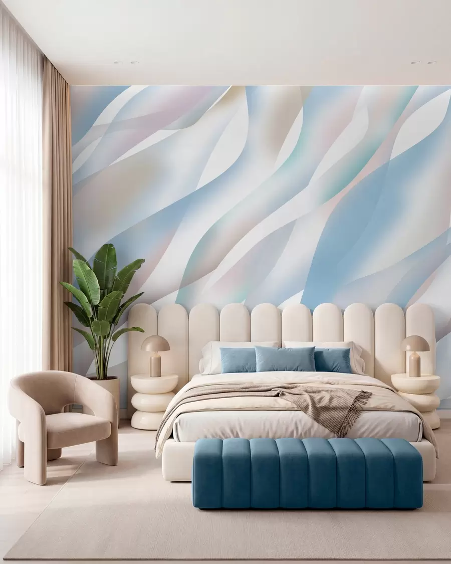wall murals Апстрактни таласи у нијансама плаве, ружичасте и беж боје на белој позадини w05758v1