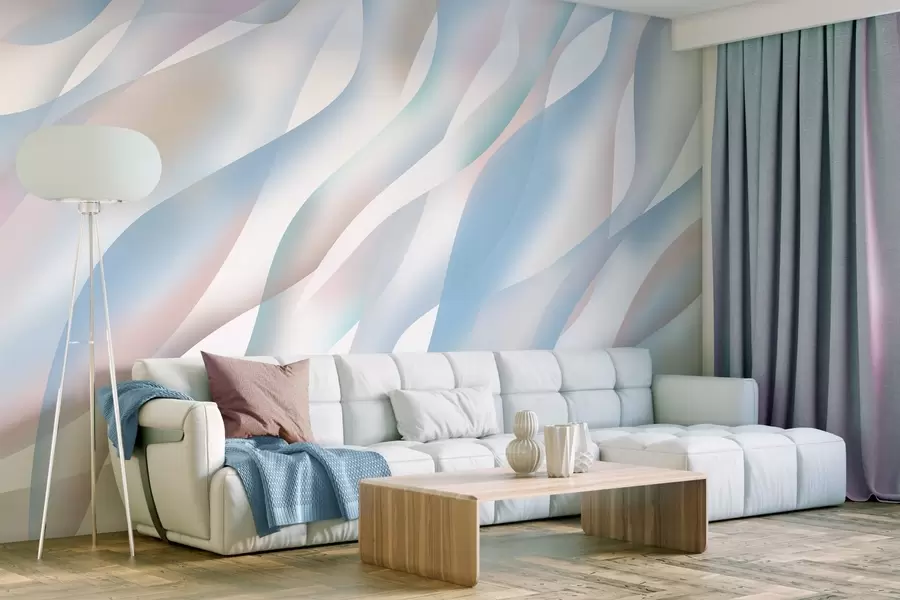 wall murals Апстрактни таласи у нијансама плаве, ружичасте и беж боје на белој позадини w05758v1