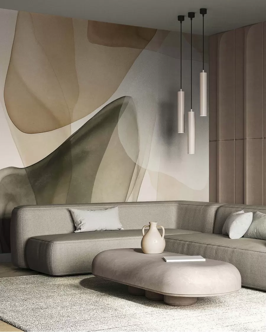 wall murals Апстрактни облици у нијансама беж и зелене, текстурирани, ефекат провидних слојева w10022