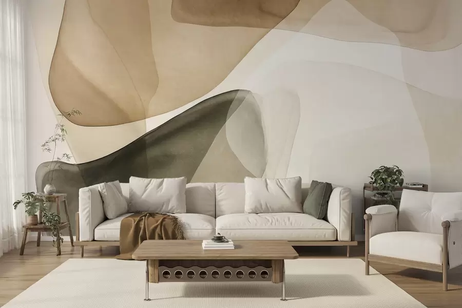 wall murals Апстрактни облици у нијансама беж и зелене, текстурирани, ефекат провидних слојева w10022