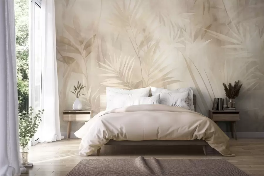 wall murals Палмино лишће у пригушеним беж и крем тоновима, са меком позадином, тропска џунгла w10023