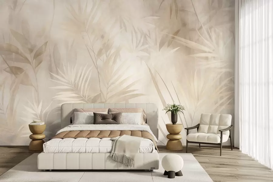 wall murals Палмино лишће у пригушеним беж и крем тоновима, са меком позадином, тропска џунгла w10023