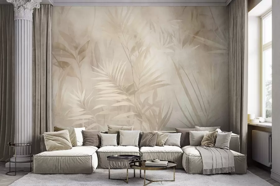 wall murals Палмино лишће у пригушеним беж и крем тоновима, са меком позадином, тропска џунгла w10023