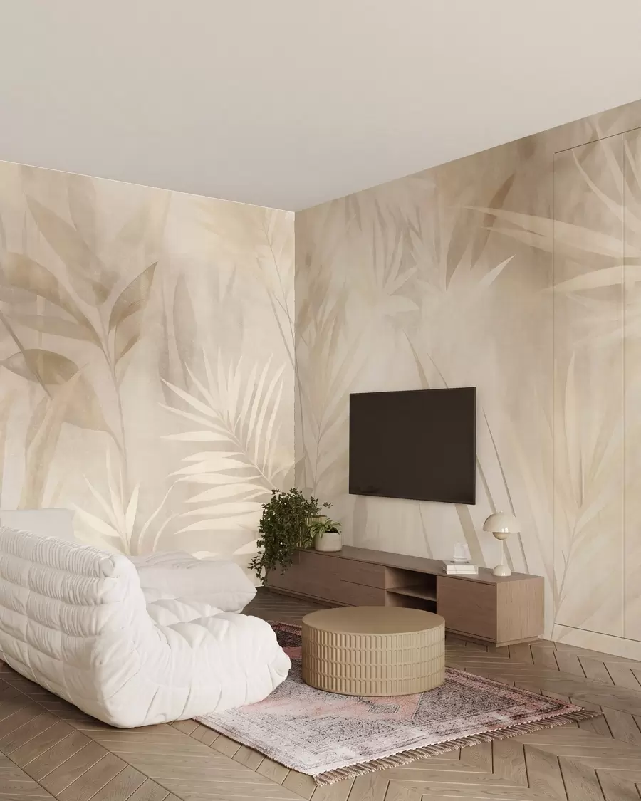 wall murals Палмино лишће у пригушеним беж и крем тоновима, са меком позадином, тропска џунгла w10023