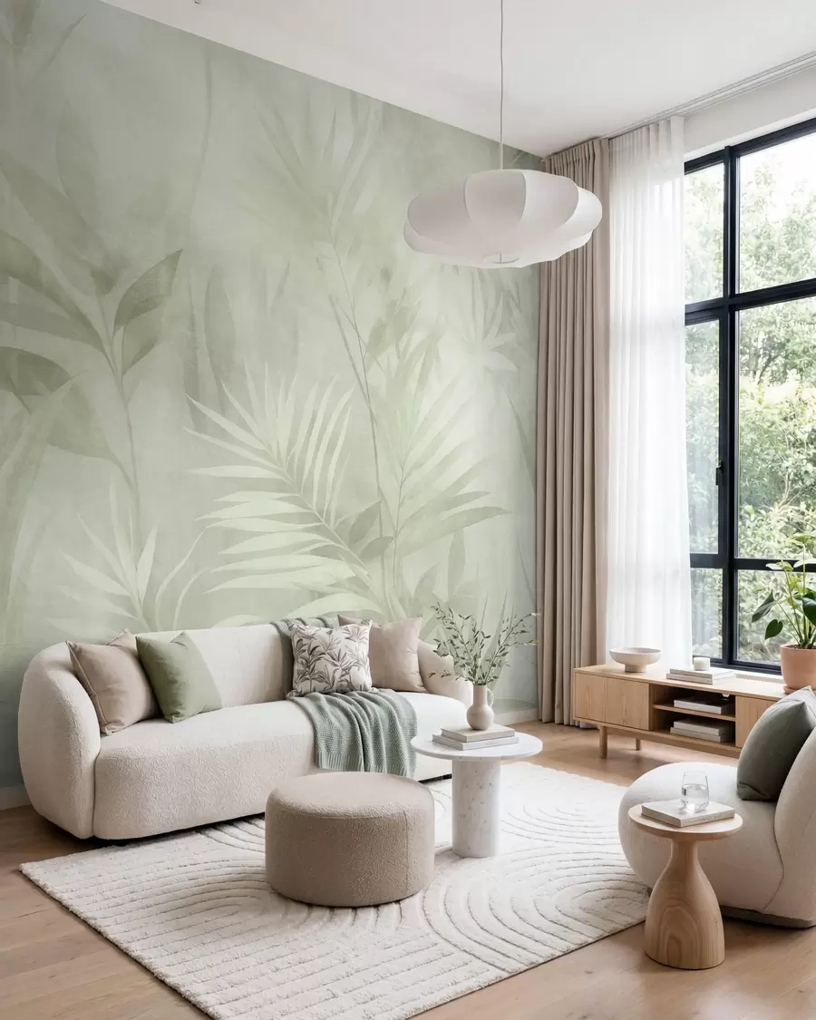 wall murals Палмино лишће у пригушеним зеленим тоновима, са меком позадином, тропска џунгла w10023v1