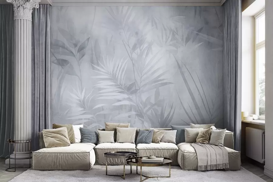 wall murals Палмино лишће у пригушеним плавим тоновима, са меком позадином, тропска џунгла w10023v2
