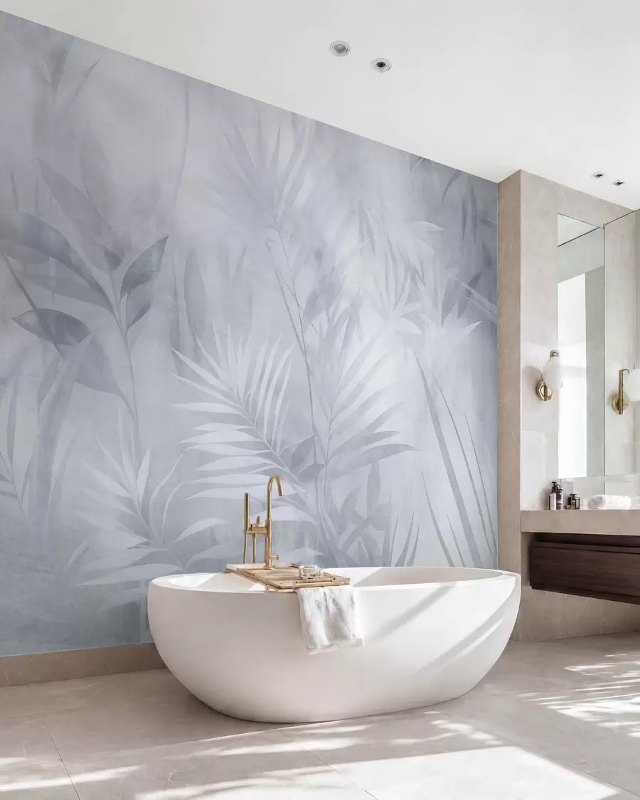 wall murals Палмино лишће у пригушеним плавим тоновима, са меком позадином, тропска џунгла w10023v2