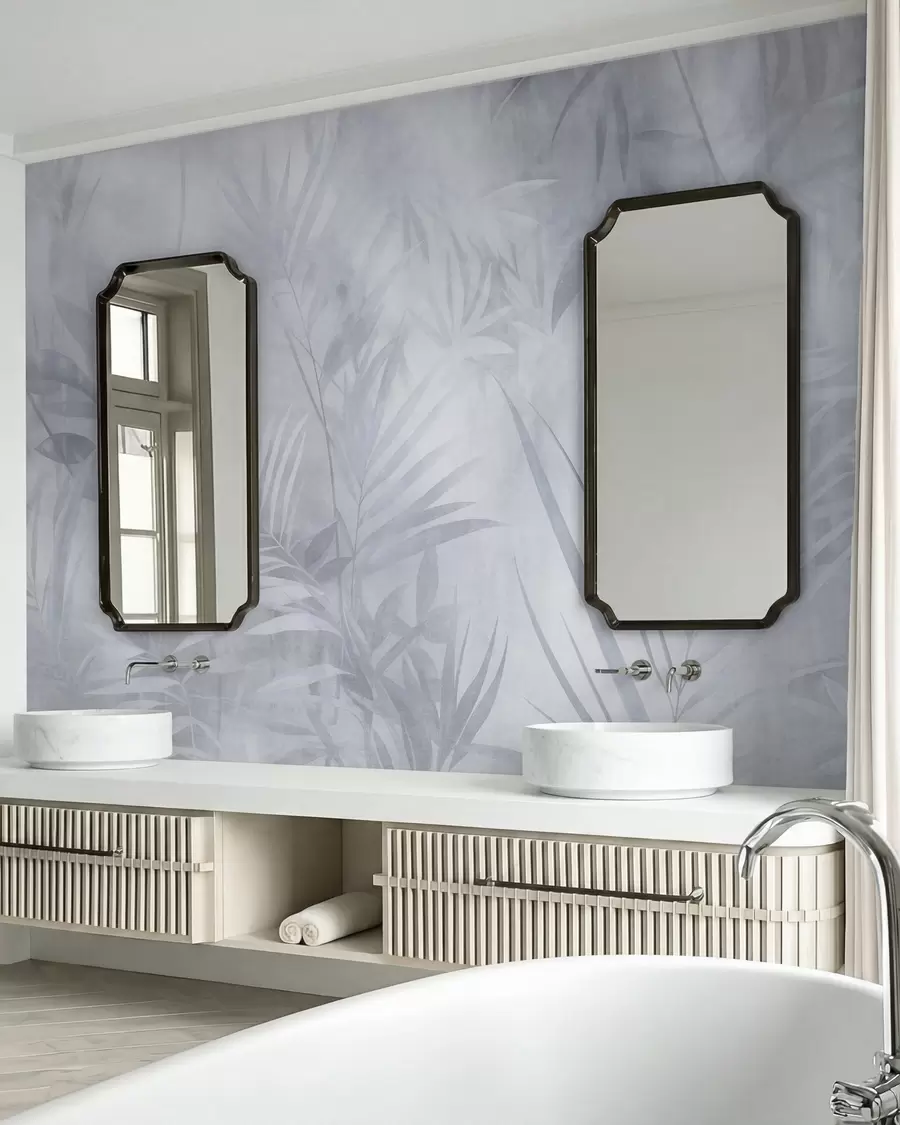 wall murals Палмино лишће у пригушеним плавим тоновима, са меком позадином, тропска џунгла w10023v2