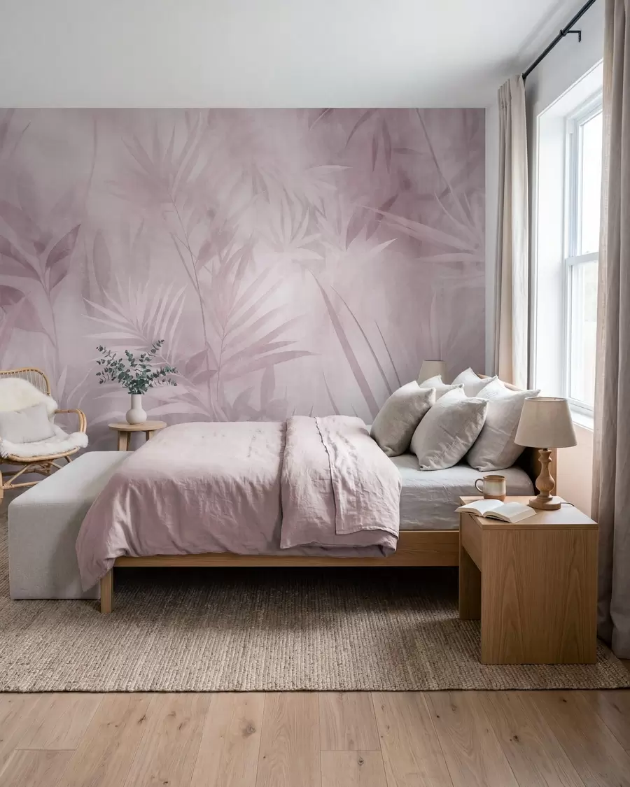 wall murals Палмино лишће у пригушеним ружичастим тоновима, са меком позадином, тропска џунгла w10023v3