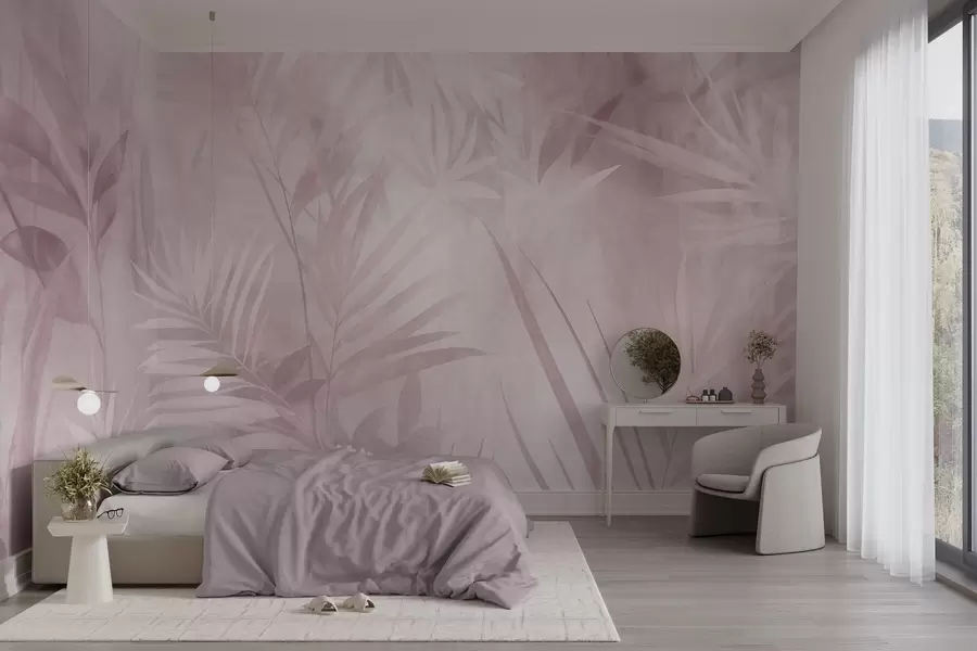 wall murals Палмино лишће у пригушеним ружичастим тоновима, са меком позадином, тропска џунгла w10023v3