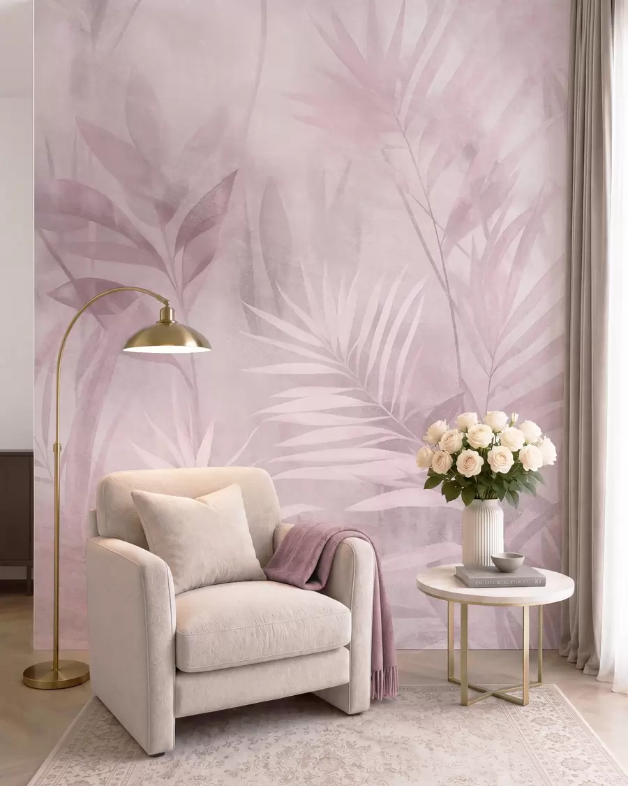 wall murals Палмино лишће у пригушеним ружичастим тоновима, са меком позадином, тропска џунгла w10023v3